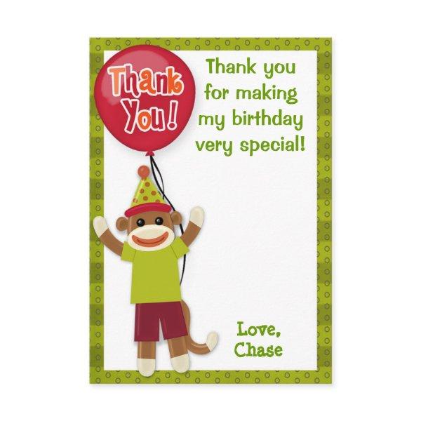Sock Monkey Birthday Party Thank You card 3.5"x5