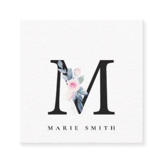 SOFT BLUSH BLUE FLORAL ALPHABETS NAME LETTER M SQUARE