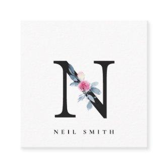 SOFT BLUSH BLUE FLORAL ALPHABETS NAME LETTER N SQUARE