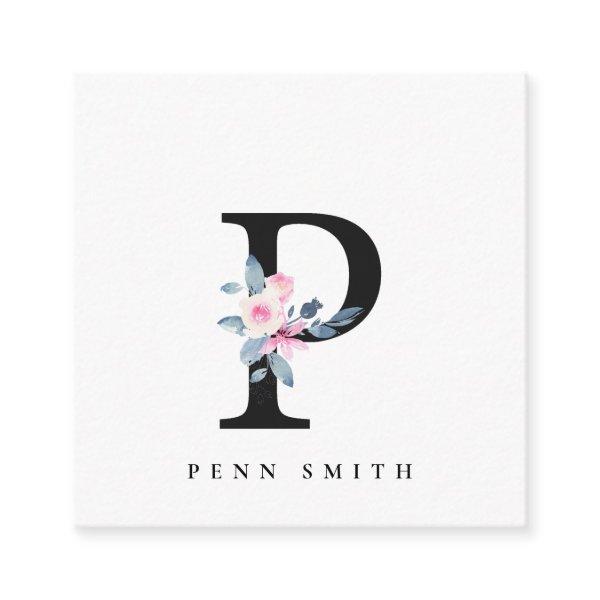 SOFT BLUSH BLUE FLORAL ALPHABETS NAME LETTER P SQUARE