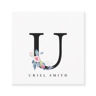 SOFT BLUSH BLUE FLORAL ALPHABETS NAME LETTER U SQUARE