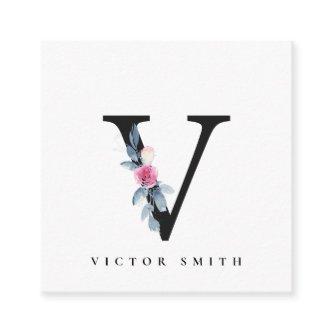 SOFT BLUSH BLUE FLORAL ALPHABETS NAME LETTER V SQUARE