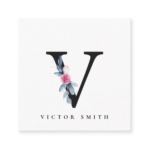 SOFT BLUSH BLUE FLORAL ALPHABETS NAME LETTER V SQUARE