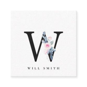 SOFT BLUSH BLUE FLORAL ALPHABETS NAME LETTER W SQUARE