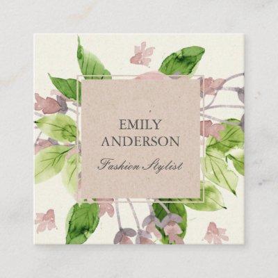 SOFT BLUSH PINK GREEN WATERCOLOR FLORAL SQUARE