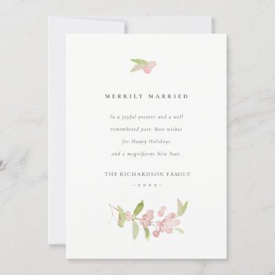 SOFT BLUSH ROSE PINK CALLIGRAPHY MERRILY MARRIED HOLIDAY CARD