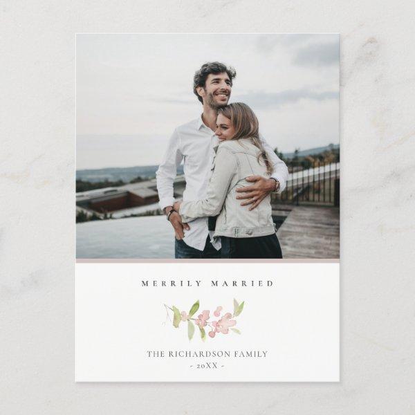 SOFT BLUSH ROSE PINK MINIMAL  MERRILY MARRIED HOLIDAY POSTCARD