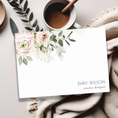 Soft Chic Blush Pink Peony Leafy Botanical Floral Note Card