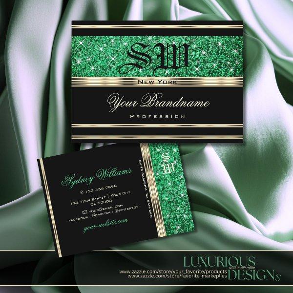 Sparkle Emerald Green Glitter Monogram Gold Black