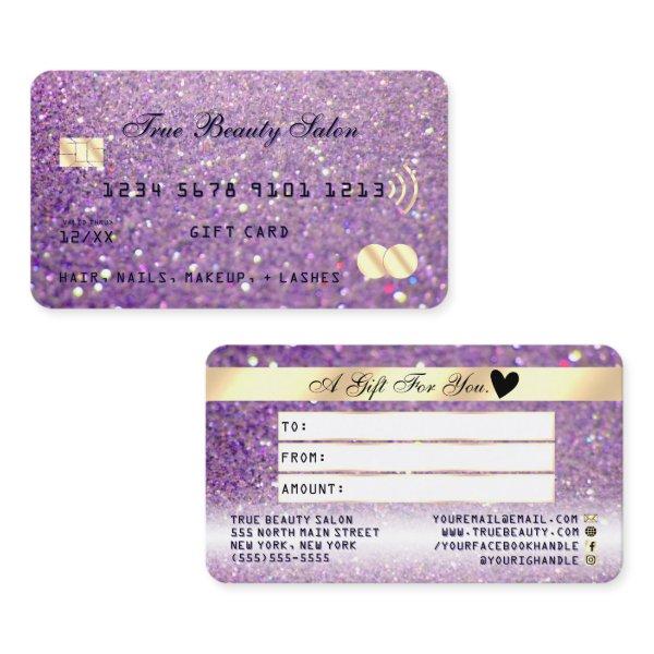 Sparkly Lilac Purple Gold Glitter Credit Gift Card