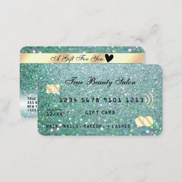 Sparkly Teal Green Gold Glitter Credit Gift Card