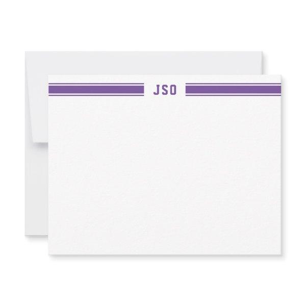 Sporty Stripes Monogram Masculine Purple & White Note Card