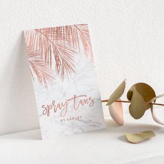 Spray tans script rose gold palm tree leaf marble