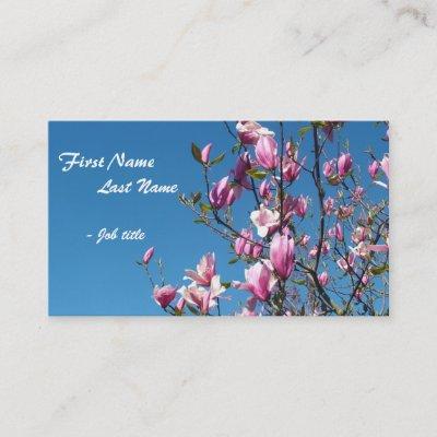 Spring pink magnolia flowers in blue sky