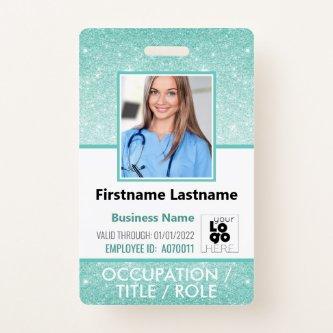 Staff Photo ID Barcode Logo Aqua Blue Glitter Name Badge