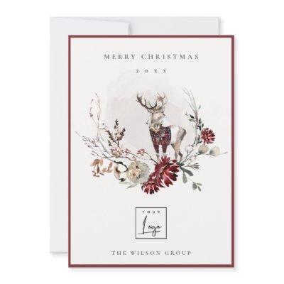 Stag Marsala Foliage Wreath Merry Christmas Logo Holiday Card