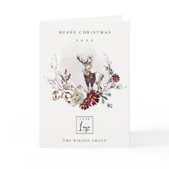 Stag Marsala Foliage Wreath Merry Christmas Logo Holiday Card