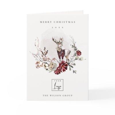 Stag Marsala Foliage Wreath Merry Christmas Logo Holiday Card