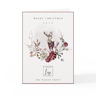 Stag Marsala Foliage Wreath Merry Christmas Logo Holiday Card