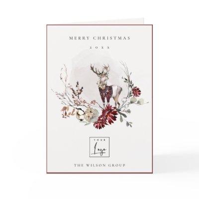 Stag Marsala Foliage Wreath Merry Christmas Logo Holiday Card