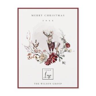 Stag Marsala Foliage Wreath Merry Christmas Logo Holiday Postcard