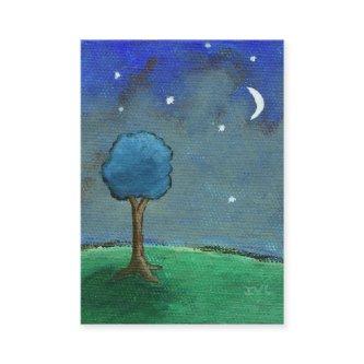 Starry Night, Abstract Landscape Tree Stars Moon
