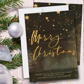 Starry Winter Night Merry Christmas Script Gold Holiday Card