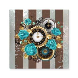 Steampunk Clock and Turquoise Roses on Striped Bus Square