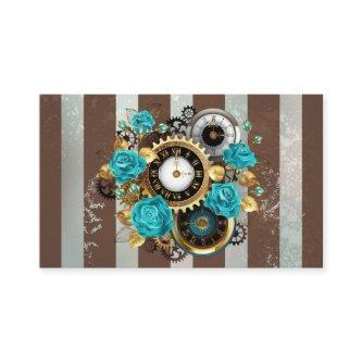 Steampunk Clock and Turquoise Roses on Striped