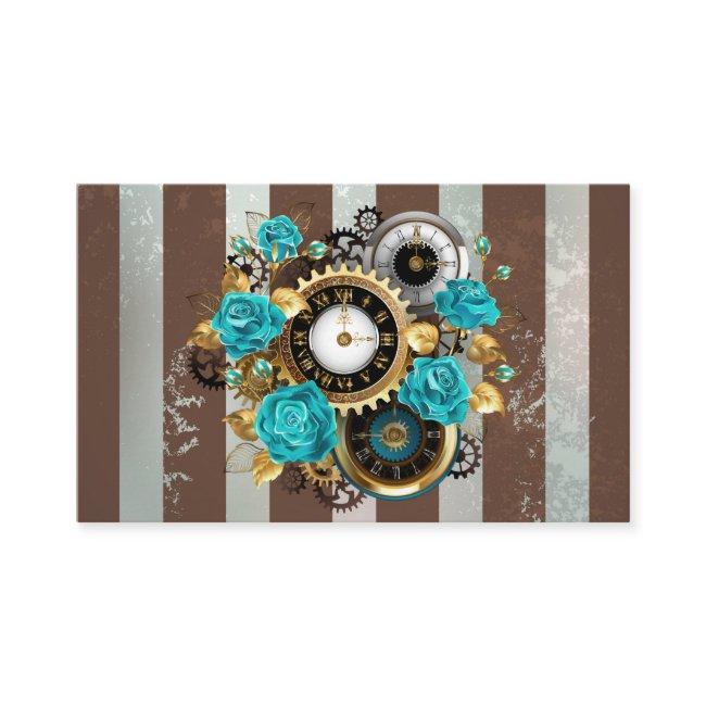 Steampunk Clock and Turquoise Roses on Striped