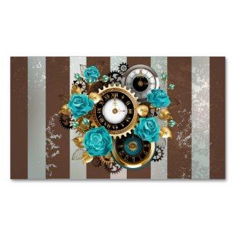 Steampunk Clock and Turquoise Roses on Striped  Magnet