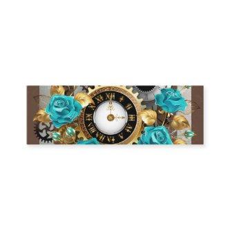 Steampunk Clock and Turquoise Roses on Striped Calling Card