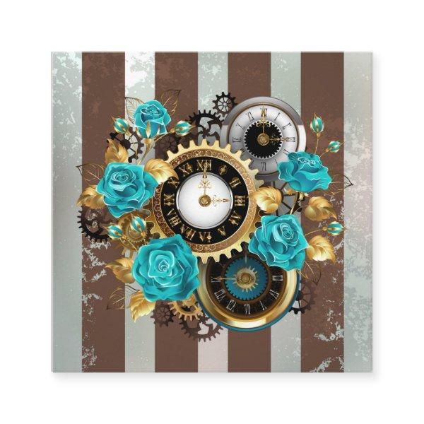 Steampunk Clock and Turquoise Roses on Striped Calling Card