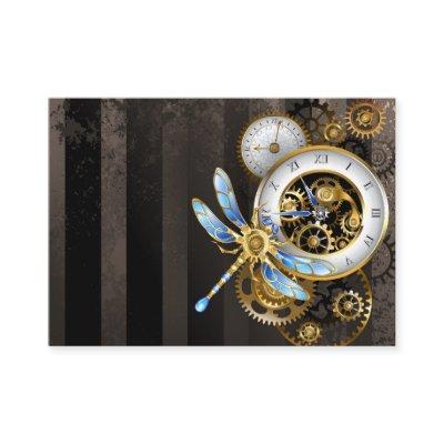 Steampunk Clock with Mechanical Dragonfly Calling Card