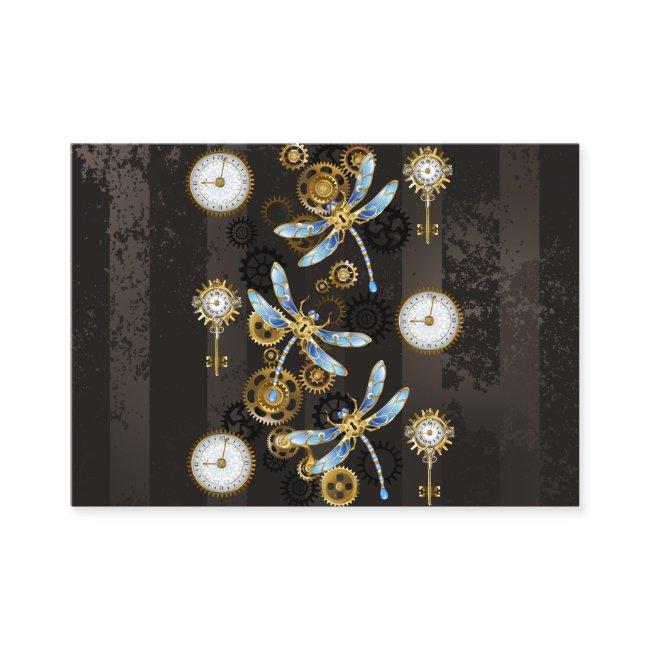 Steampunk Dragonflies on brown striped background