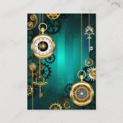 Steampunk Jewelry Watch on a Green Background Calling Card