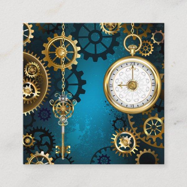 Steampunk turquoise Background with Gears Calling Card