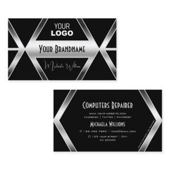 Striking Black Geometric Shimmery Silver with Logo