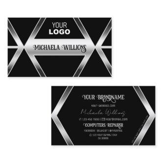 Striking Black Geometric Silver Shimmer with Logo