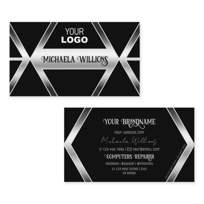 Striking Black Geometric Silver Shimmer with Logo
