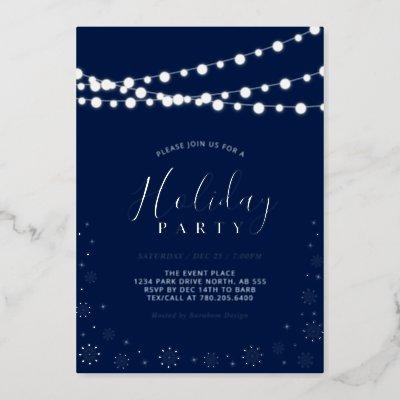 String Lights & Snowflakes | Modern Holiday Party  Foil Invitation