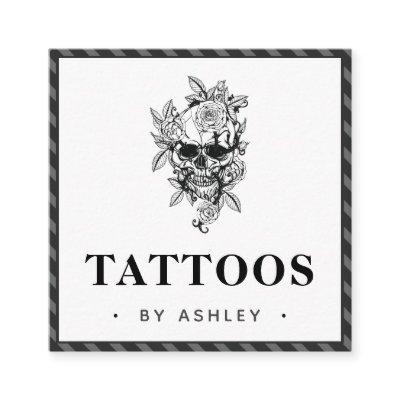Striped Gray Gothic & Floral Skull Tattoo Artist  Square