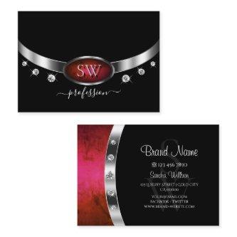 Stylish Black Red Marble and Silver with Monogram