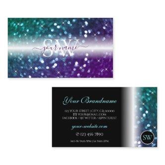 Stylish Black Teal Purple Sparkle Glitter Monogram