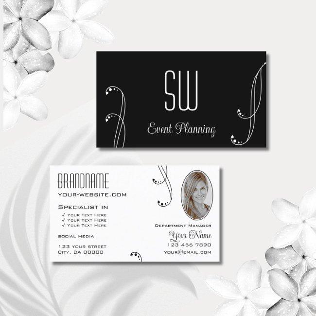 Stylish Black White Ornate with Monogram and Photo