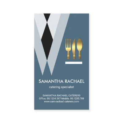 Stylish Blue Tuxedo Suit Waiter Gold Cutlery