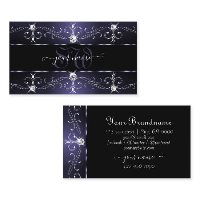 Stylish Dark Blue White Ornate Borders Monogram