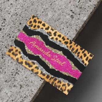 Stylish girly animal print pink glittery monogram   magnet