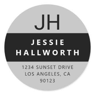 Stylish Light Grey Black & White Modern Monogram Classic Round Sticker
