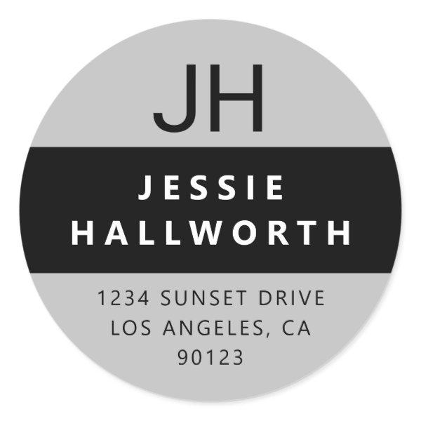 Stylish Light Grey Black & White Modern Monogram Classic Round Sticker